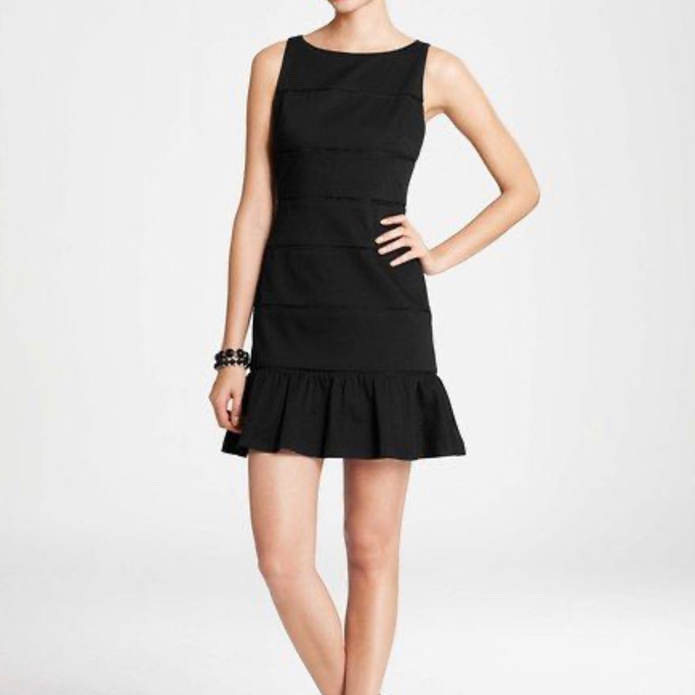 NWT Ann Taylor Flounce Hem Sheath Black Dress Sleeveless Midi Pique 16 NEW